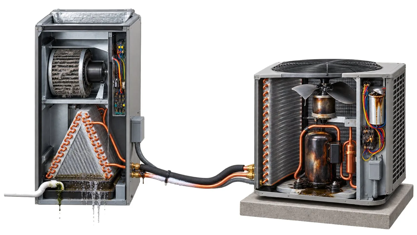 Cutaway of an air handler and outdoor condenser showing a dust-clogged blower wheel, a scorched control board, an overflowing condensate pan, a leaking refrigerant joint, a heat-damaged compressor and a bulged capacitor