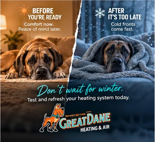 Before you are ready and after it is too late: a Great Dane stretched out warm on a rug beside the same dog buried in a blanket, over the line &ldquo;don&rsquo;t wait for winter &mdash; test and refresh your heating system today&rdquo;.