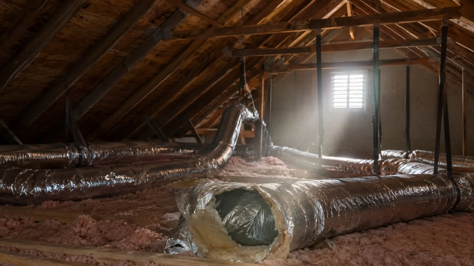 Flexible ductwork in a Florida attic with the outer jacket torn open and the insulation fallen away from the inner liner
