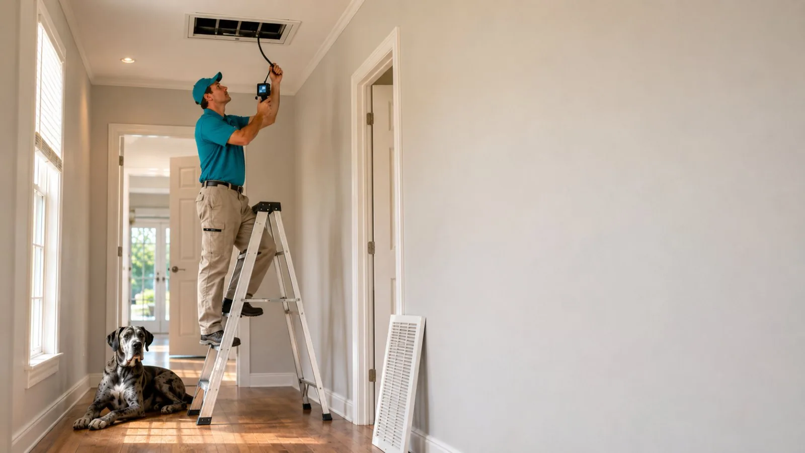 A Great Dane comfort tech on a step ladder running an inspection camera into a ceiling return vent in a Jacksonville home, with a Great Dane resting nearby