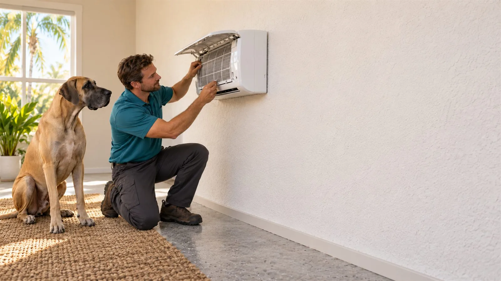 A Great Dane comfort tech kneeling at an open ductless mini-split wall unit in a bright Jacksonville room, with a Great Dane sitting beside him