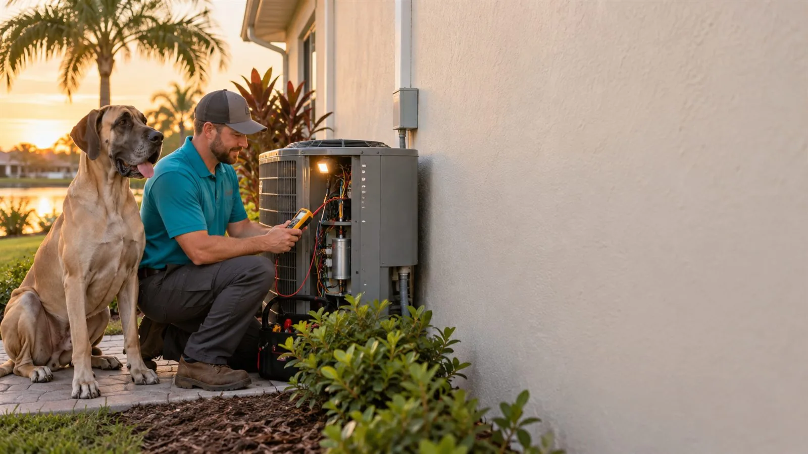 A Great Dane comfort tech taking a reading at an open outdoor unit beside a Jacksonville home at sunset, with a Great Dane sitting beside him