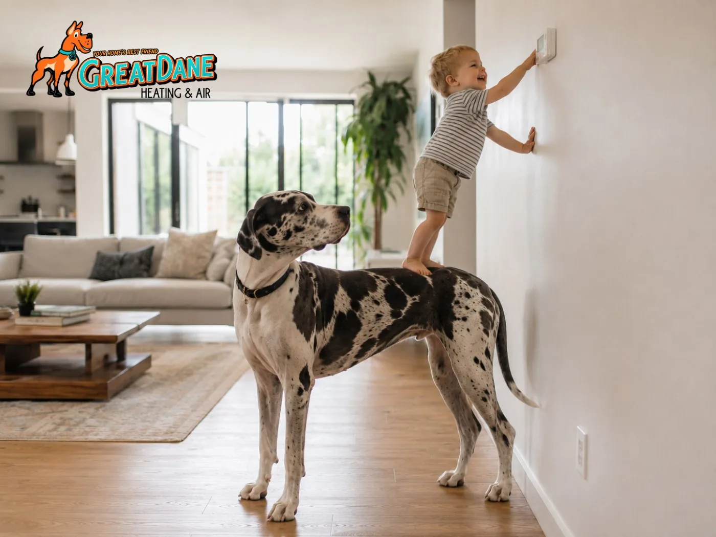 A toddler standing on a Great Dane&rsquo;s back to reach the thermostat in a cool, comfortable Jacksonville home