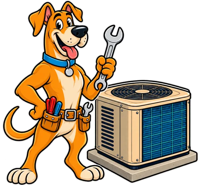 The Great Dane Heating & Air mascot, wrench in hand, standing beside an outdoor AC unit