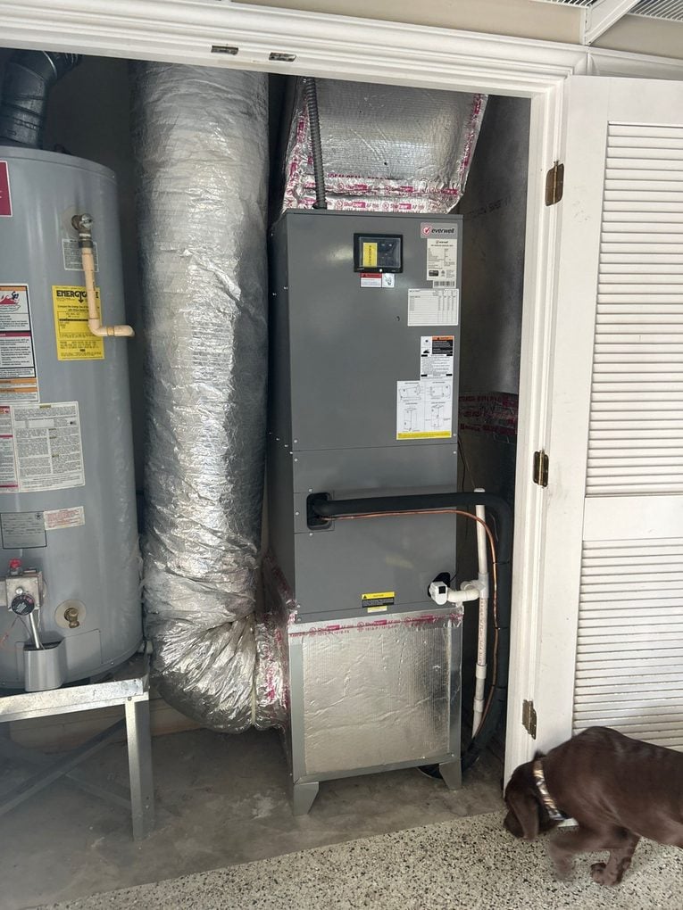 A newly installed air handler in a garage closet beside the water heater, with insulated flex duct overhead and the family dog wandering in to inspect the work