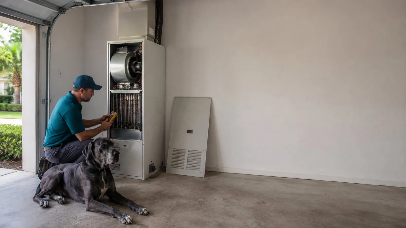 A Great Dane comfort tech testing the heat strips inside an open air handler in a Jacksonville garage, with a Great Dane lying beside him