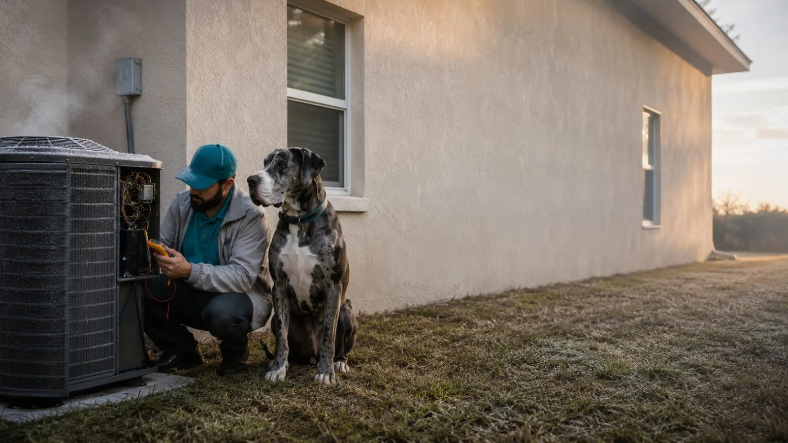 A Great Dane comfort tech taking a reading at the open panel of a frosted heat pump on a cold Jacksonville morning, with a Great Dane sitting beside him