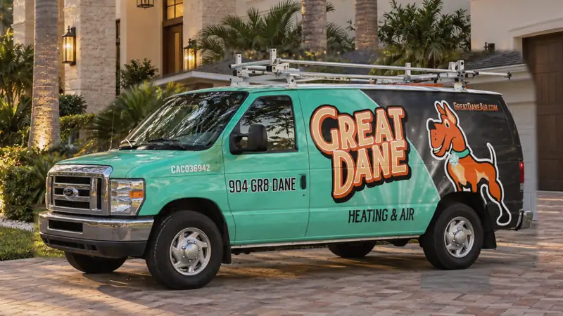 Great Dane Heating & Air service van parked in the driveway of a Jacksonville home
