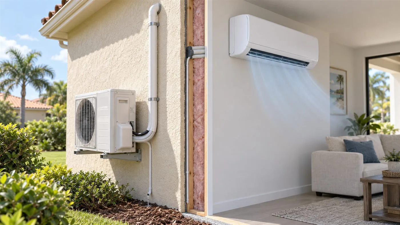 Cut-away of an exterior wall: the outdoor unit on a wall bracket outside, the covered line set running up and through the wall, and the indoor head mounted high in the living room
