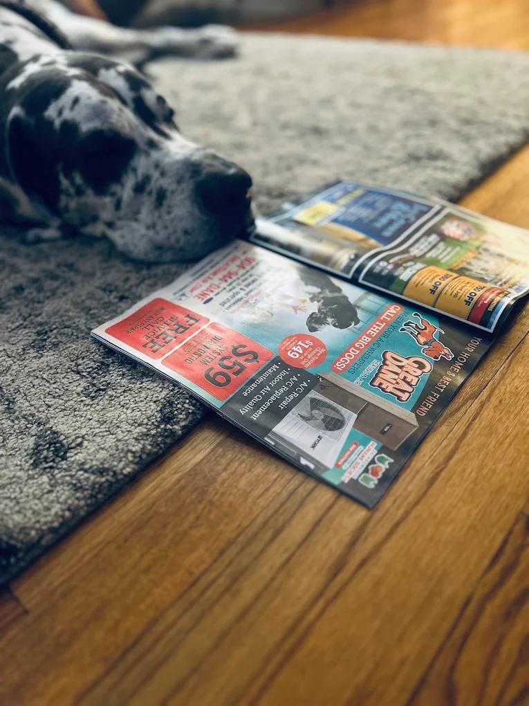 A Great Dane napping beside a Great Dane Heating & Air mailer