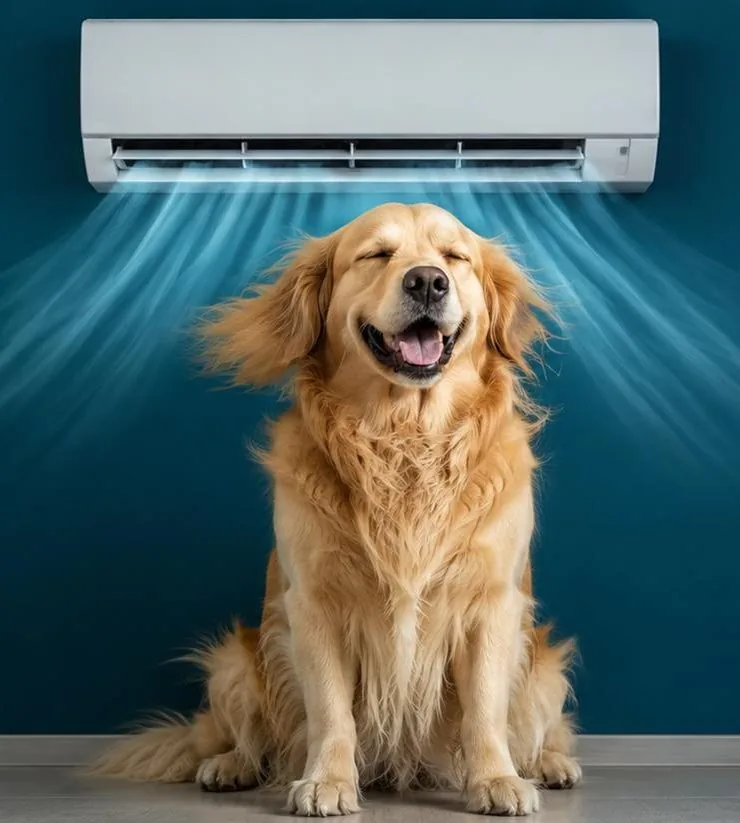 A golden retriever sitting under a wall-mounted ductless mini-split head