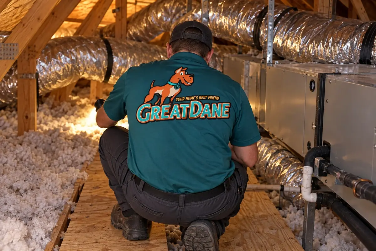 Great Dane technician in an attic checking the insulation next to the air handler