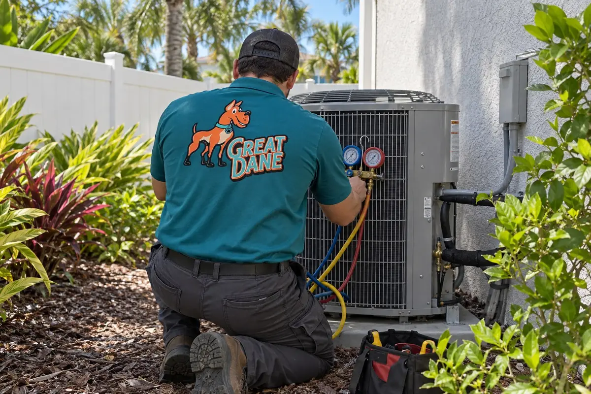 Great Dane technician at a condenser, connecting gauges