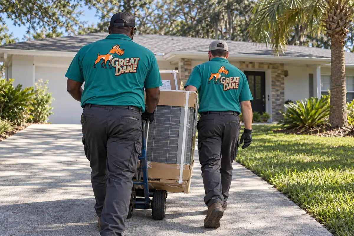 Two Great Dane technicians wheeling a new AC unit up a driveway