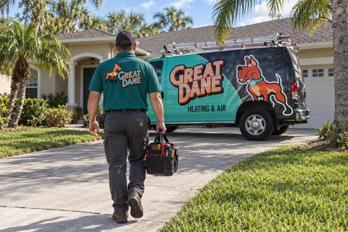 Great Dane technician walking to a Great Dane service van with a tool bag