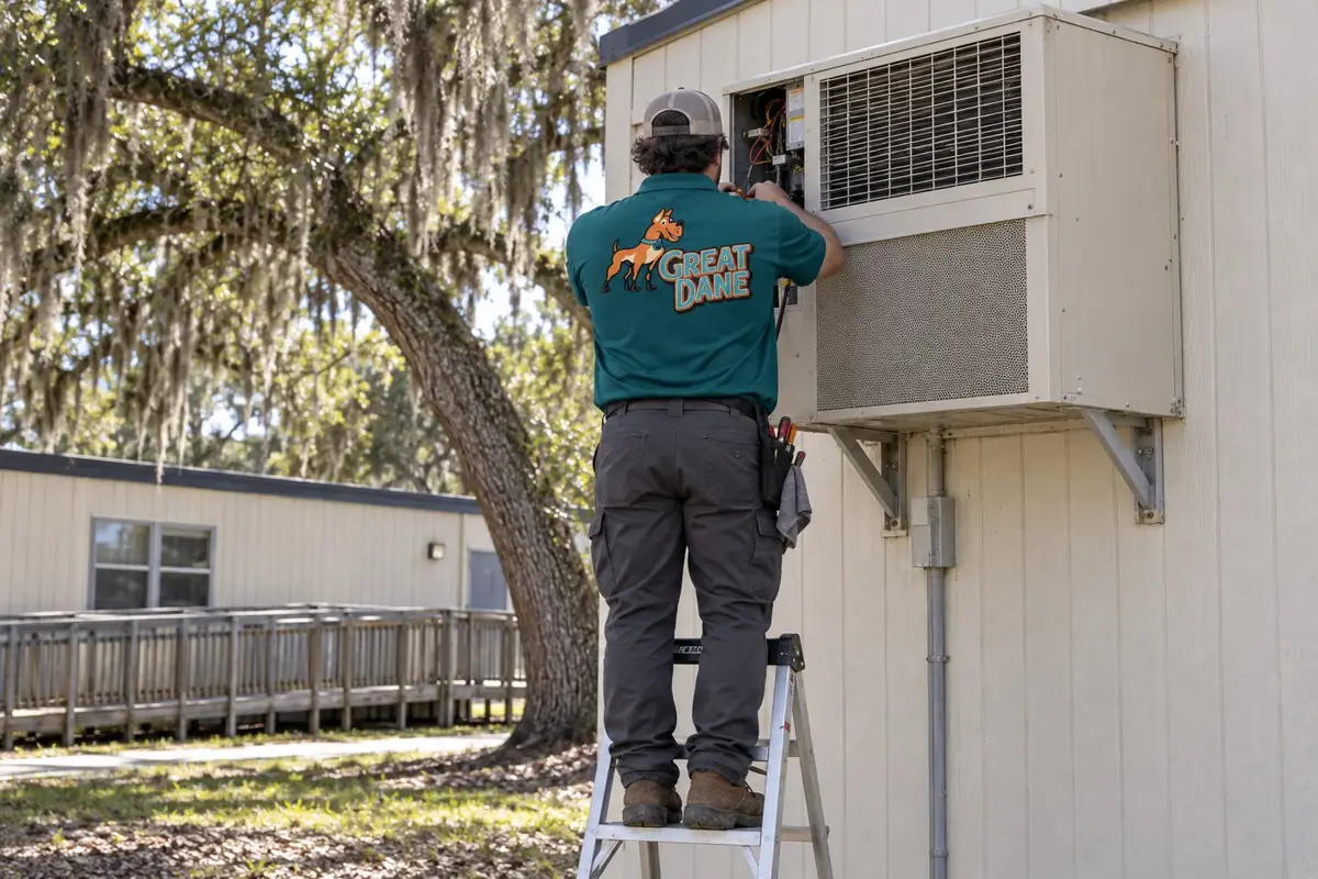 Great Dane technician on a step ladder servicing a wall-mount unit on a modular classroom