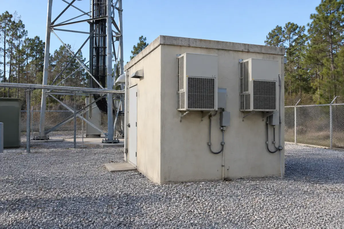 Two wall-mount air conditioning units on a telecom equipment shelter beside a tower